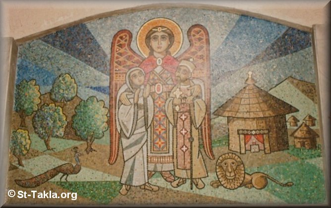     :      ɡ      -                    Image of St. Takla Himanot's family (Father Saga Zab, and Mother Sara) - a Mosaic icon by the late Isaac Fanous, at St. Takla COC, Ibrahimia, Alexandria, Egypt